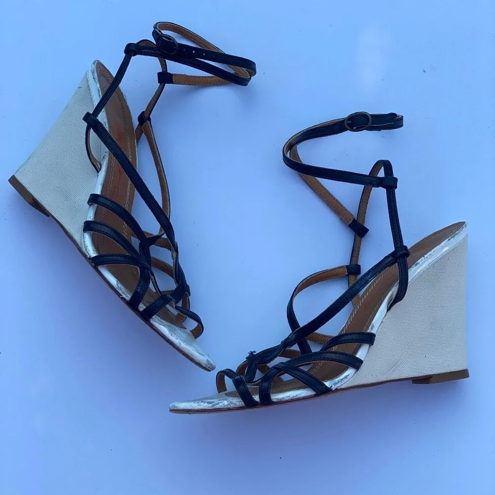Miss Sixty Y2K Black Strappy Wedge Sandal Ankle Strap Canvas Leather - 37
